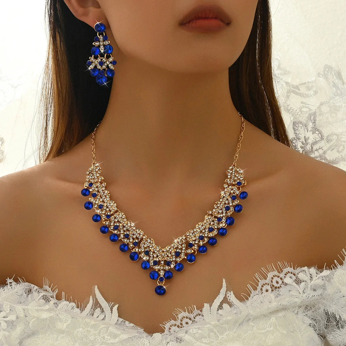 Luxury Flower Choker Necklace Earrings Wedding Dress Bridal Necklace Set Rhinestone Bride Jewelry Sets for Women