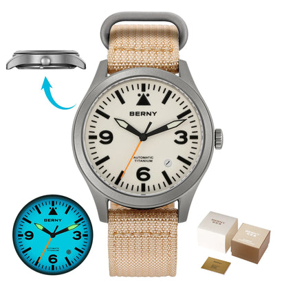 BERNY Pilot Titanium Automatic Watch for Men Sapphire AR Coated 10Bar Supper Luminous Men Wristwatch Sports Aviation Men Watches