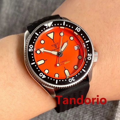 37mm 200M Diving NH35A Ceramic Bezel 120 Click Sapphire Glass Luminous Auto Orange Dial Men Watch 3.8 Crown