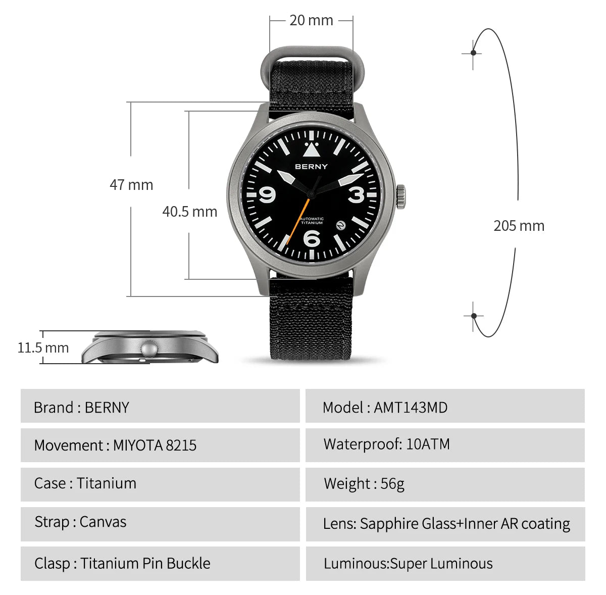 BERNY Pilot Titanium Automatic Watch for Men Sapphire AR Coated 10Bar Supper Luminous Men Wristwatch Sports Aviation Men Watches