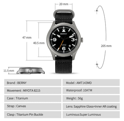 BERNY Pilot Titanium Automatic Watch for Men Sapphire AR Coated 10Bar Supper Luminous Men Wristwatch Sports Aviation Men Watches