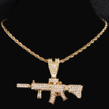 Men Women 14MM Cuban Chain AK47 Gun Pendant Necklace Iced Out AAA Rhinestone Prong Miami Cuban Link Chain Hip Hop Jewelry Gifts
