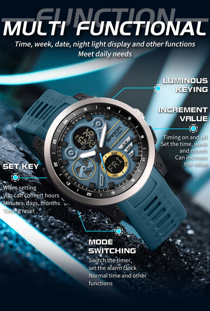 SANDA Men Sport Wristwatch TPU Strap Waterproof Quartz Watch Dual Display Digital Luminous Male Clock Relogio Masculino