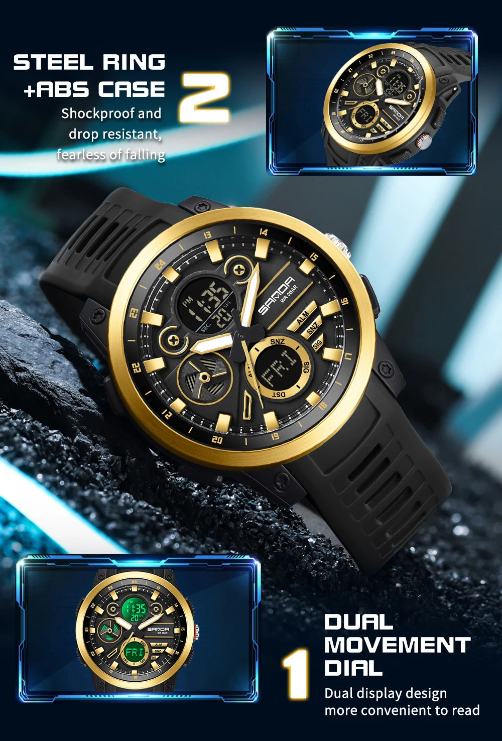 SANDA Men Sport Wristwatch TPU Strap Waterproof Quartz Watch Dual Display Digital Luminous Male Clock Relogio Masculino