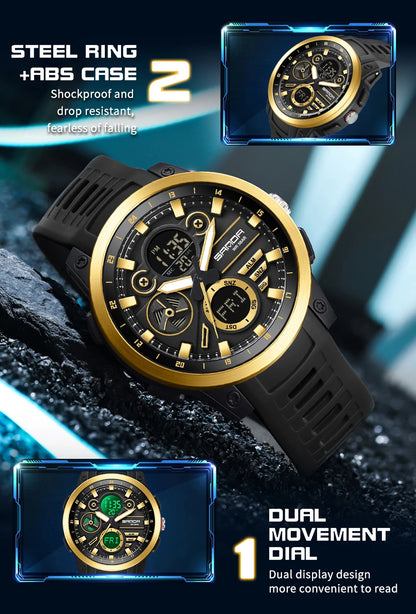 SANDA Men Sport Wristwatch TPU Strap Waterproof Quartz Watch Dual Display Digital Luminous Male Clock Relogio Masculino