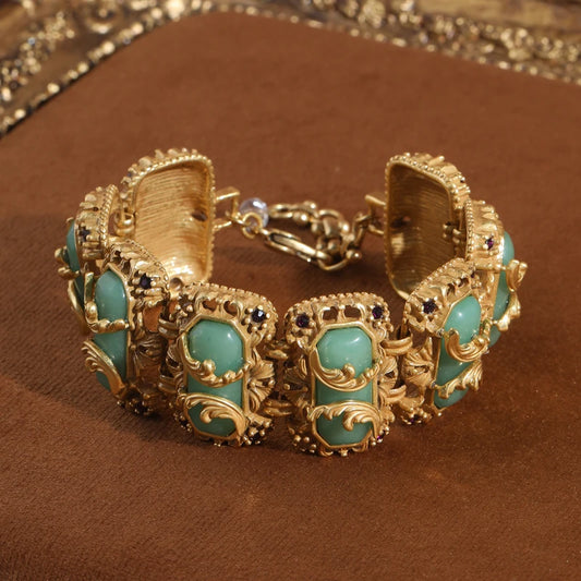 Vintage Green Jade Bracelet Made Of Natural Stones Wave Hollow Gold Color Woman Charm Luxury Accessories Jewelry Gift Girlfriend