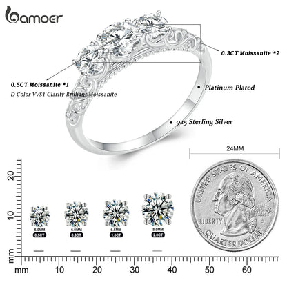 BAMOER 1.1CTTW Round Moissanite Ring for Women, White Gold Plated D Color VVS1 Lab Diamond 925 Sterling Silver Engagement Ring
