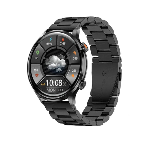 Black smartwatch with features highlighted 