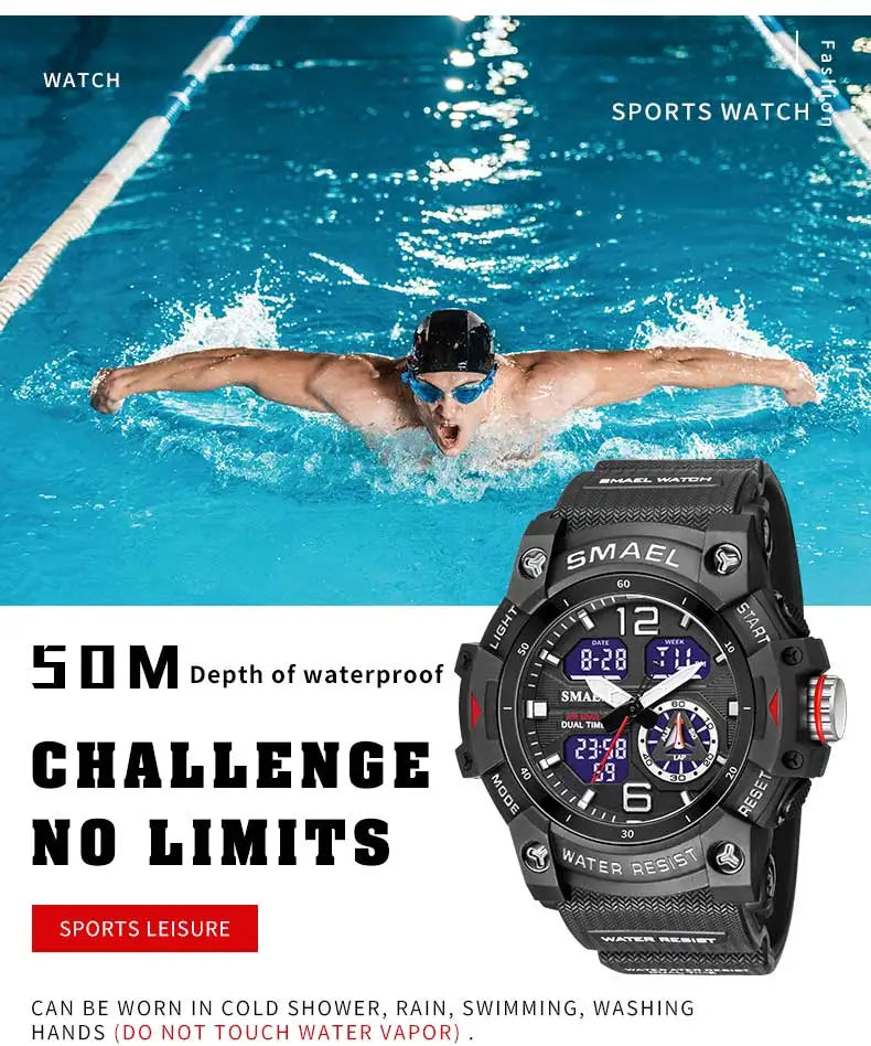 SMAEL 8007 Military Sport Watch – LED Digital Dual Time, Waterproof Men's Wristwatch