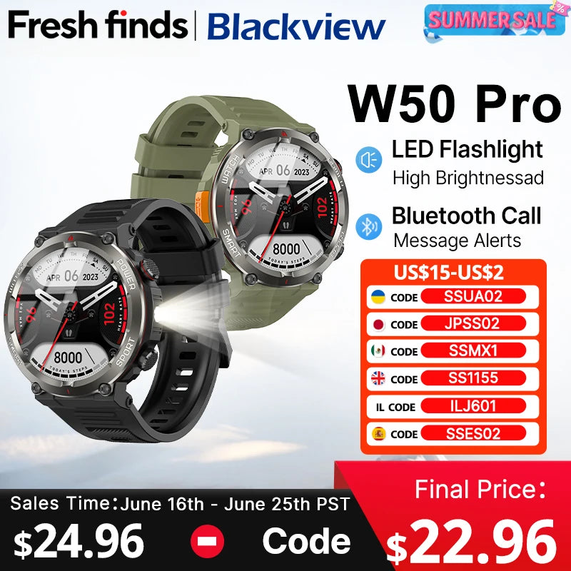 [World Premiere] Blackview W50 Pro Smartwatch 1.45" HD Display Flashlight Bluetooth Phone Call 960mAh Rugged Smartwatch