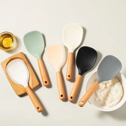 1Pc Silicone Spoon With Wooden Handle Non-stick Spatula For Pot Heat Insulation Heat Resistant Spoon For Rice Cooker For Home
