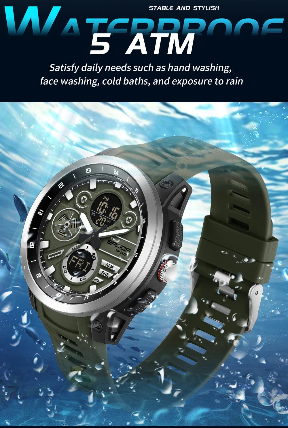 SANDA Men Sport Wristwatch TPU Strap Waterproof Quartz Watch Dual Display Digital Luminous Male Clock Relogio Masculino