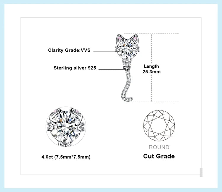 JewelryPalace New Arrival Love Cat Wagging Tail 4ct Round Gemstone 925 Sterling Silver Dangle Stud Earrings for Woman Girl Gift