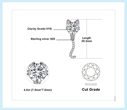 JewelryPalace New Arrival Love Cat Wagging Tail 4ct Round Gemstone 925 Sterling Silver Dangle Stud Earrings for Woman Girl Gift