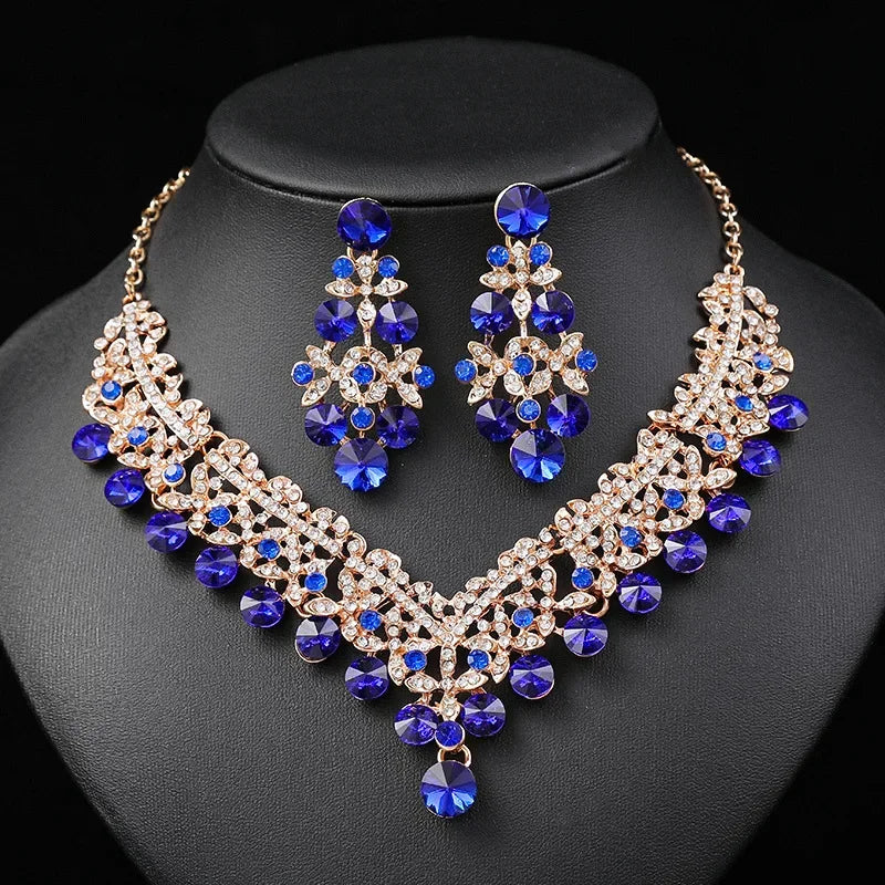 Luxury Flower Choker Necklace Earrings Wedding Dress Bridal Necklace Set Rhinestone Bride Jewelry Sets for Women