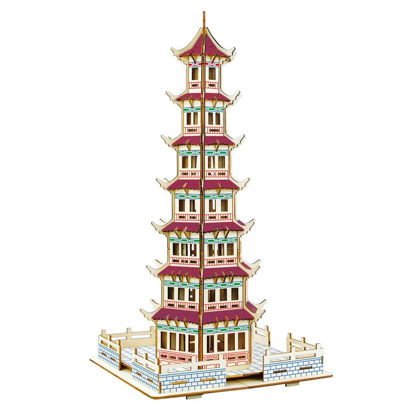 DIY 3D Jigsaw Leifeng Pagoda Wooden Puzzle Wenchang Tower Building Model Game Assembly Constructor Toys For Children Gift