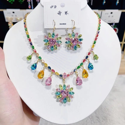 Multicolor Waterdrop Tassel Zirconia Necklace Earrings Women New Silver Color Bridal Wedding Fashion Jewelry Set Party Gifts