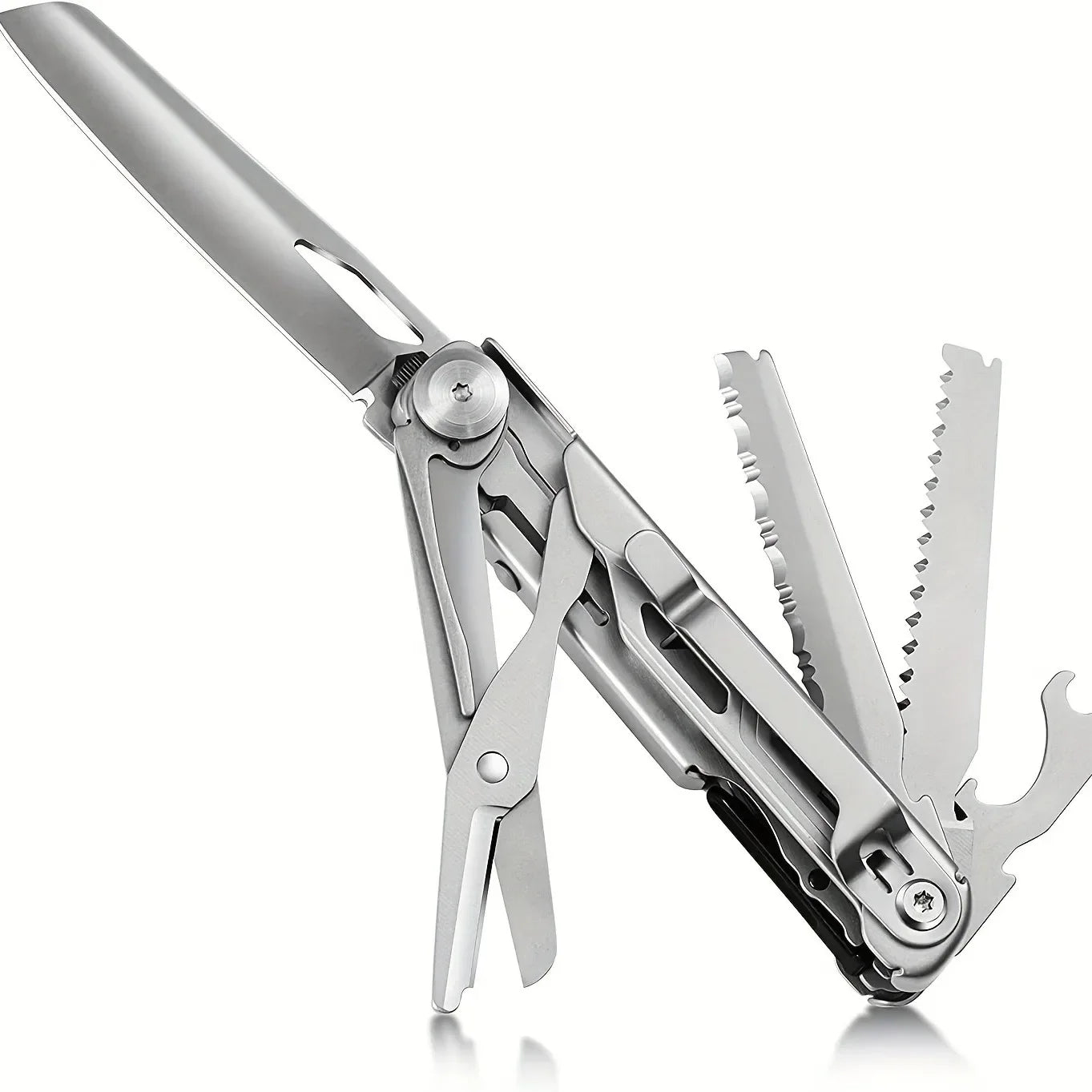 8-in-1 Fordable Pocket Multitool Knife Stainless Steel Multifunctional Saw Scissors Can&Bottle Opener Wire Stripper Glass Breake