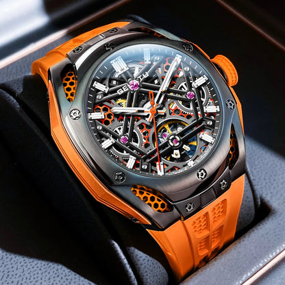 GELATU NEW Skeleton Tourbillon Watch For Men 5ATM Waterproof Luxury Sky Blue Automatic Mechanical Watches Mens Reloj Hombre