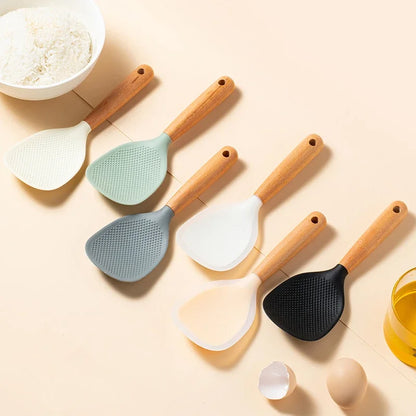 1Pc Silicone Spoon With Wooden Handle Non-stick Spatula For Pot Heat Insulation Heat Resistant Spoon For Rice Cooker For Home