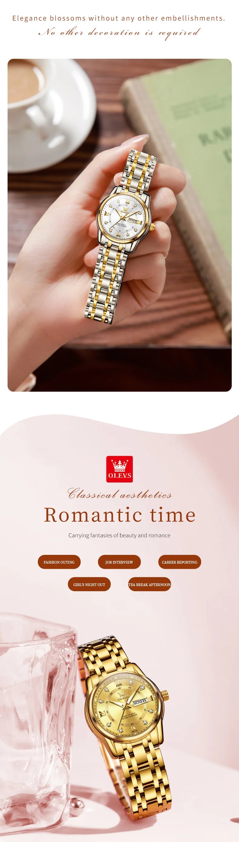 OLEVS Best Selling Fashion Stainless Steel Quartz Ladies Watch Luxury Dual Calendar Luminous Waterproof Elegant Watch for Women