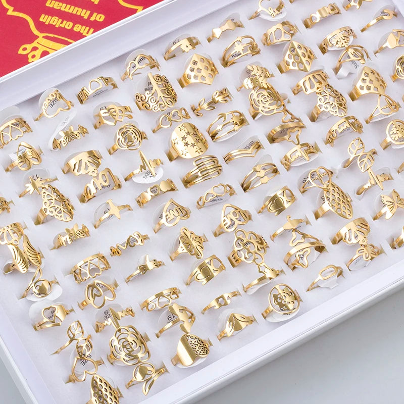 100 Pieces Stainless Steel Engraved Rings for Men and Women Fashion Charm Jewelry Gift Hollow Flower Finger Rings Wholesale Lots