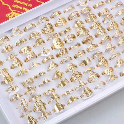 100 Pieces Stainless Steel Engraved Rings for Men and Women Fashion Charm Jewelry Gift Hollow Flower Finger Rings Wholesale Lots