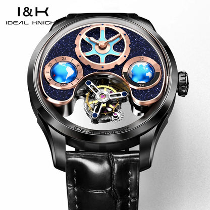 IDEAL KNIGHT 6808 Original Mechanical Watch For Men Top Brand 43mm Big Dial Flywheel Skeleton Hand Clock Business Man Watch Set