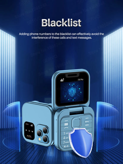 SERVO i16 Pro 2G GSM/4G LTE Network Small Flip Mobile Phone 2 SIM Standby Call Recording Speed Dial 1.77" Mini Folding Cellphone