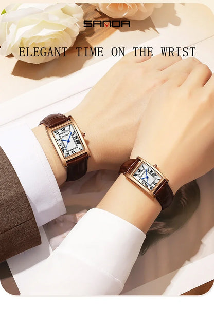 SANDA Luxury Tank Couple Watch Wear Resistant Leather Strap Square Dial Waterproof Sport Casual Women Men Quartz Watches Reloj
