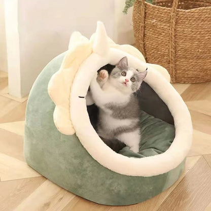 Cat Ear-Shaped Plush Bed with Hanging Toys - Anti-Slip Base & Cloud Cotton Filling, S/M/L Sizes for 7.7-16.5lbs Pets