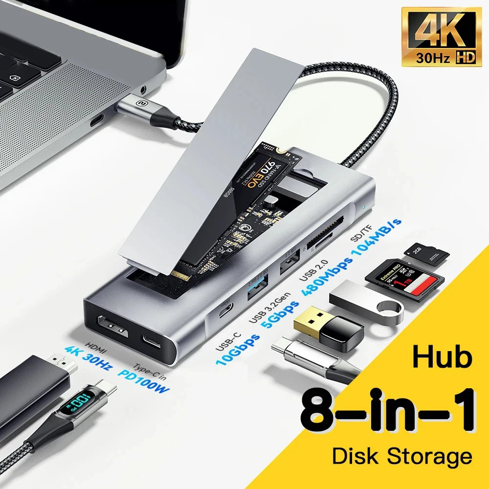 8-in-1 USB HUB with Disk Storage Function Type-C to HDMI-Compatible USB Splitter USB Dock Station For Laptop Macbook Pro Air