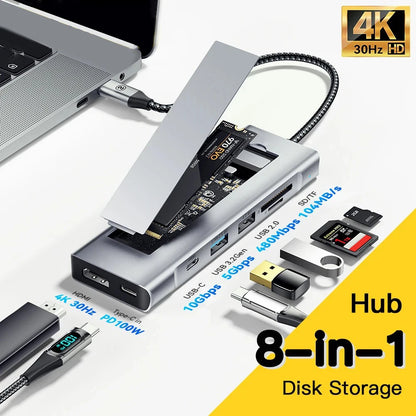 8-in-1 USB HUB with Disk Storage Function Type-C to HDMI-Compatible USB Splitter USB Dock Station For Laptop Macbook Pro Air