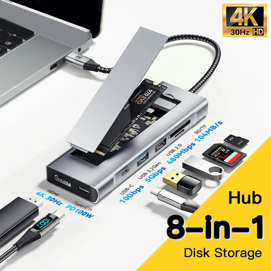 8-in-1 USB HUB with Disk Storage Function Type-C to HDMI-Compatible USB Splitter USB Dock Station For Laptop Macbook Pro Air