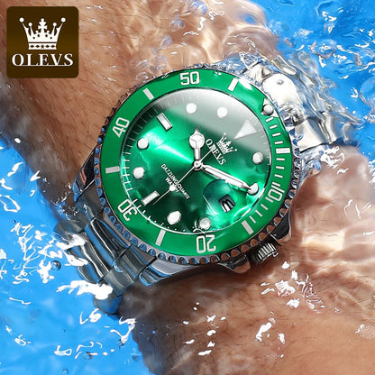 OLEVS 5885 Men's Watches Business Stainless Steel Strap Green Quartz Watch Waterproof Calendar Luminous High Quality Wristwatch