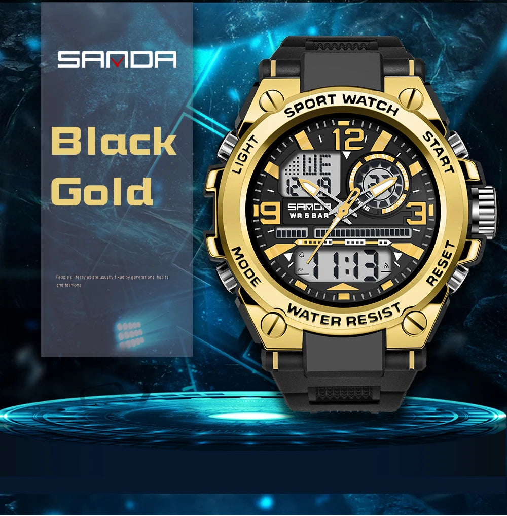 SANDA Men Sports Quartz Watches Dual Display LED Electronic Digital Wristwatches Waterproof Military Watch Relogios Masculino