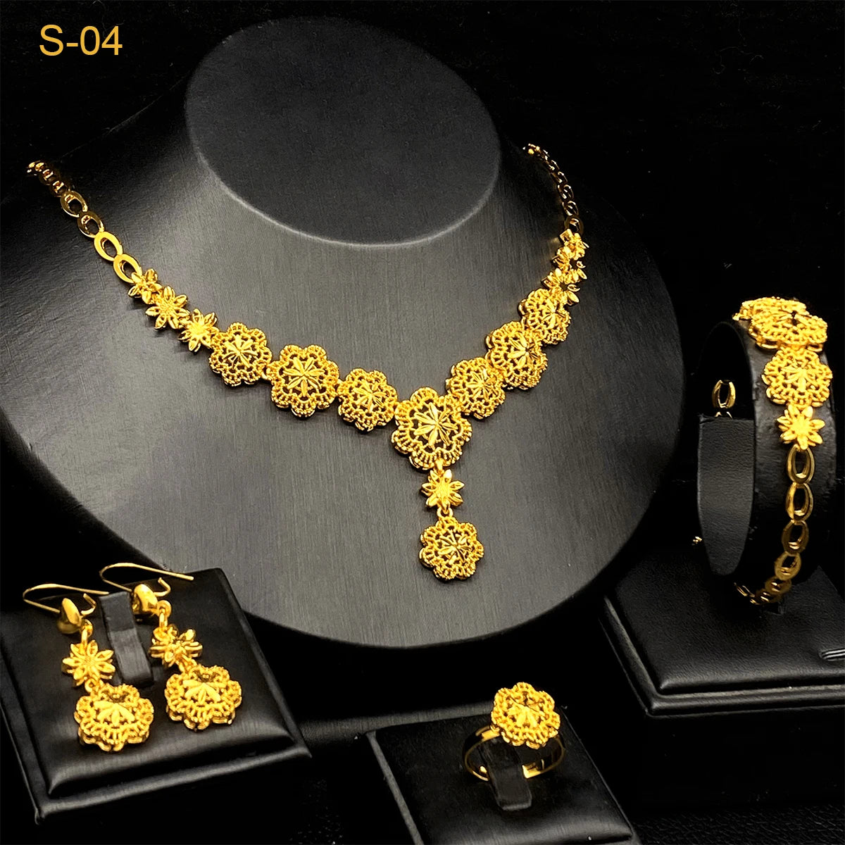 ANIID Indian 24k Gold Color Flower Shape Necklace Earrings Bracelet Ring Set Elegant Bridal Wedding Jewelry Sets for Dubai Lady