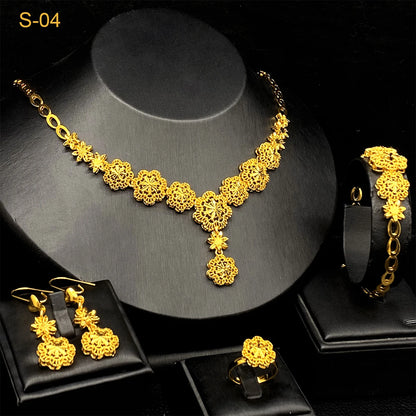 ANIID Indian 24k Gold Color Flower Shape Necklace Earrings Bracelet Ring Set Elegant Bridal Wedding Jewelry Sets for Dubai Lady