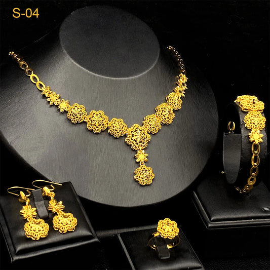 ANIID Indian 24k Gold Color Flower Shape Necklace Earrings Bracelet Ring Set Elegant Bridal Wedding Jewelry Sets for Dubai Lady