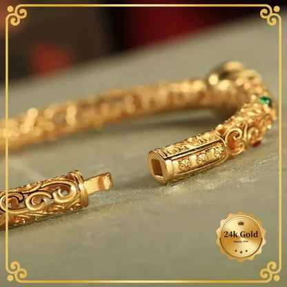 24k AU999 Yellow Gold Auspicious Clouds Gourd Bracelet Women's Antique Open Luxury Retro Fashion Minimalism