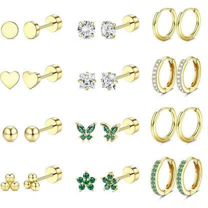 Drperfect Surgical Steel Earrings for Sensitive Ear Flat Back Hoop Cartilage Gold Plated CZ Studs for Women Multiple Piercing