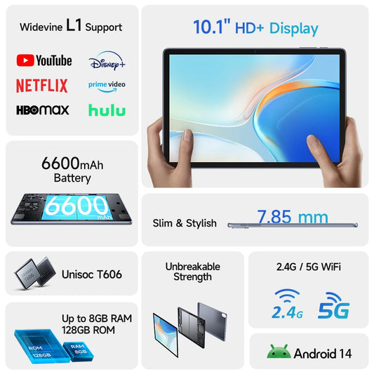 Ulefone Tab W10 Tablet 10.1‘’ HD+ Display 8GB RAM 128GB ROM 6600mAh Unisoc T606 Android 14 Tablet