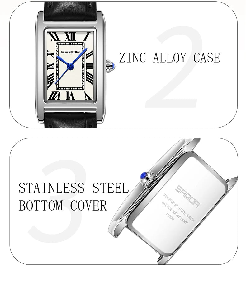 SANDA Luxury Tank Couple Watch Wear Resistant Leather Strap Square Dial Waterproof Sport Casual Women Men Quartz Watches Reloj