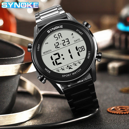 SYNOKE Top Luxury Stainless Steel Strap Sport Watches Mens Waterproof Back Light Digital Wristwatch Male Alarm