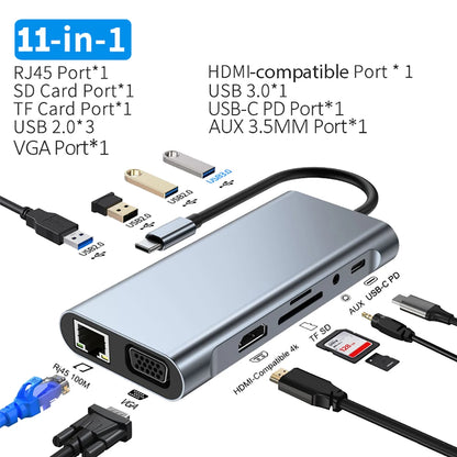 8-in-1 USB HUB with Disk Storage Function Type-C to HDMI-Compatible USB Splitter USB Dock Station For Laptop Macbook Pro Air