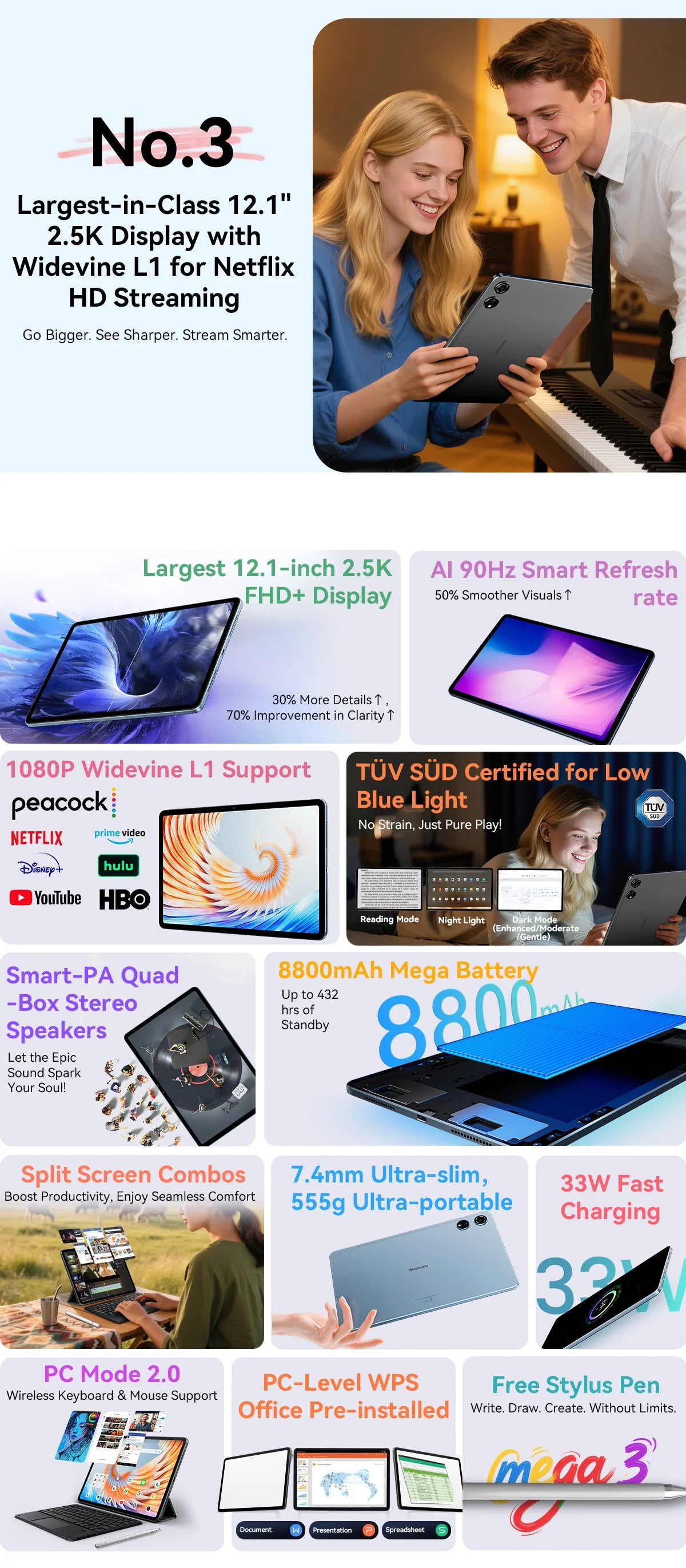 【World premiere】Blackview MEGA 3 Tablet 12.1" 2.5K 90Hz Display 12GB 256GB 8800mAh 50MP Camera 33W Fast Charging Android 15 Pa