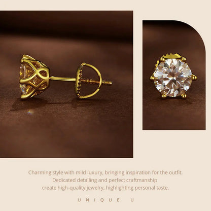 BAMOER Classic Moissanite Stud Earrings, S925 Silver 6 Prongs D Color Round Cut Lab Created Diamond Wedding 18k Gold Earrings
