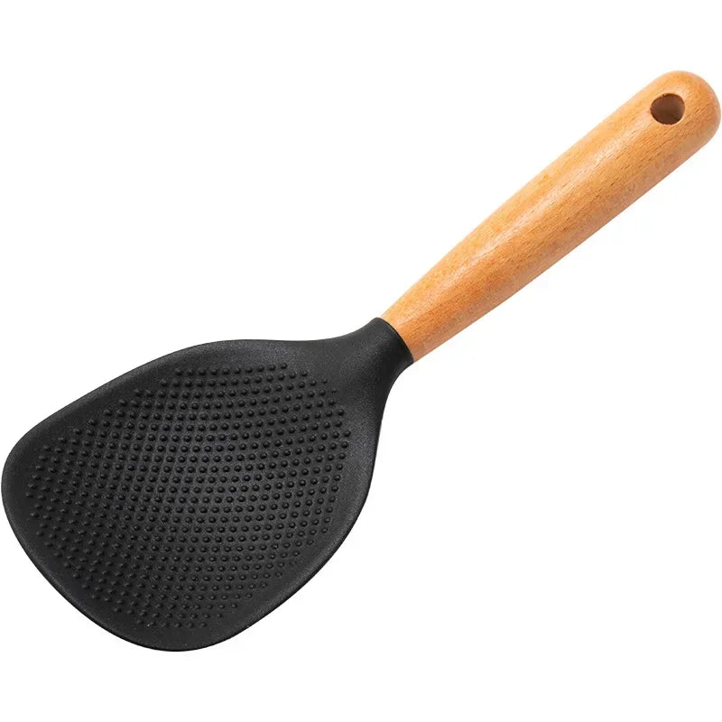 1Pc Silicone Spoon With Wooden Handle Non-stick Spatula For Pot Heat Insulation Heat Resistant Spoon For Rice Cooker For Home