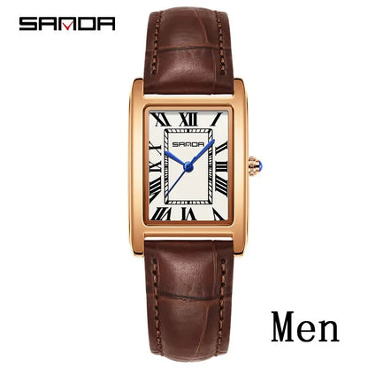 SANDA Luxury Tank Couple Watch Wear Resistant Leather Strap Square Dial Waterproof Sport Casual Women Men Quartz Watches Reloj