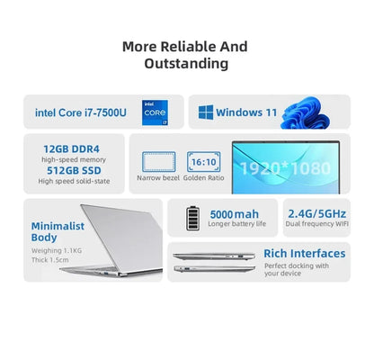 2025 Laptop Core i7 7500U A3950 Portable Laptops Windows 11 Pro 16GB DDR4 1TB SSD 1920*1080 HD PC Gaming Computer Notebook Gamer